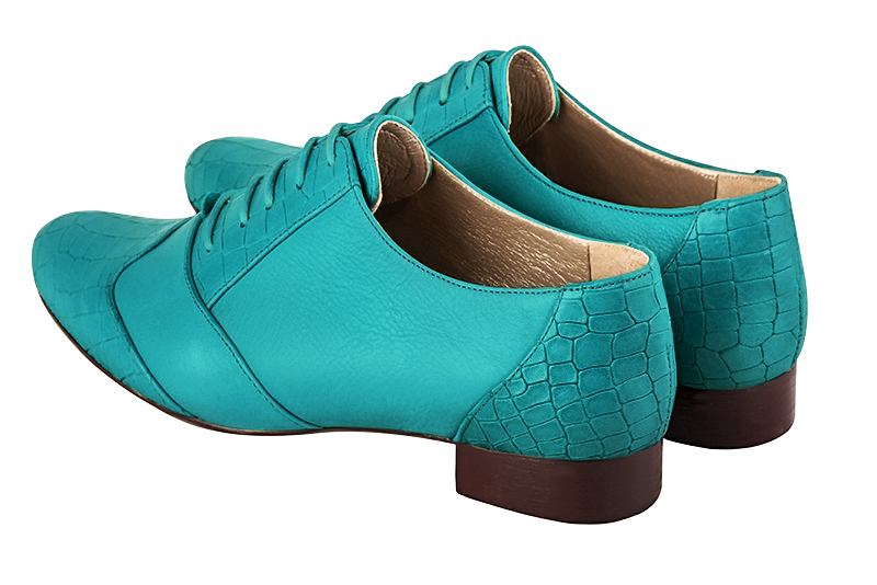 Turquoise blue women's fashion lace-up shoes. Round toe. Flat leather soles. Rear view - Florence KOOIJMAN